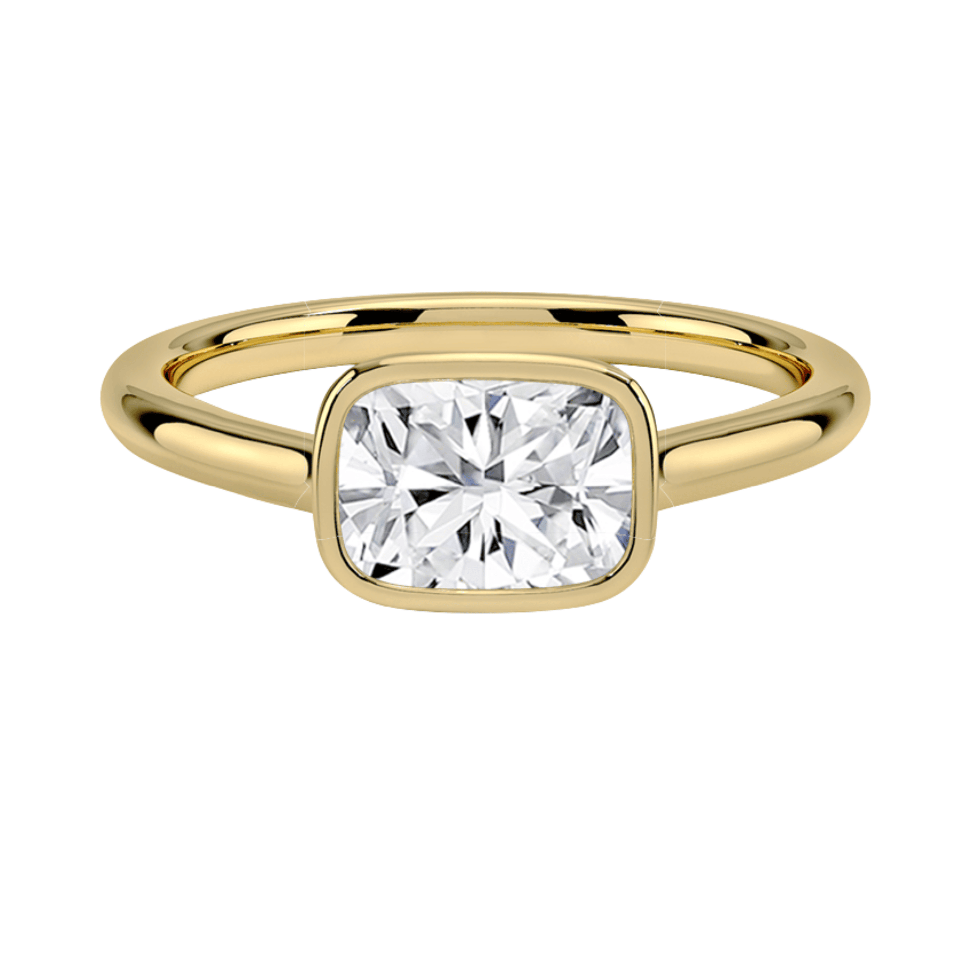 Carrie クッションカットEASTWESTセッティングベゼルリング | ラボグロウンダイヤモンド/ダイヤモンド 婚約指輪 イエローゴールド