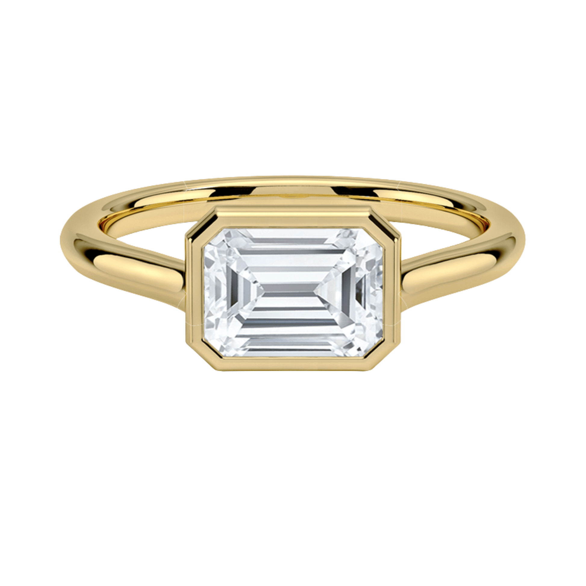 Carrie エメラルドカットEASTWESTセッティングベゼルリング | ラボグロウンダイヤモンド/ダイヤモンド 婚約指輪 イエローゴールド