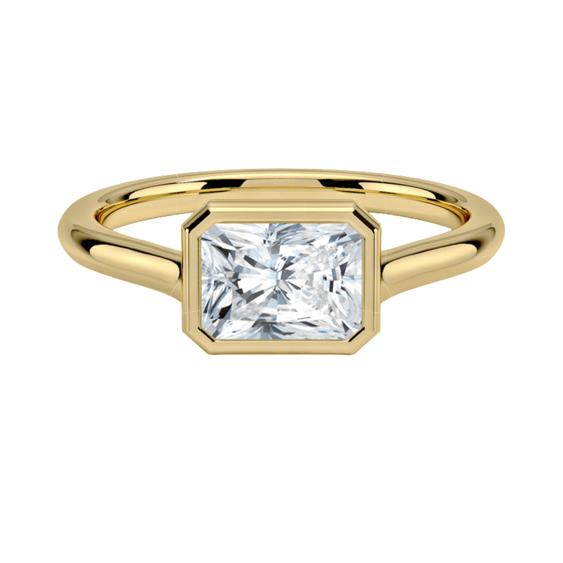 Carrie ラディアントカットEASTWESTセッティングベゼルリング | ラボグロウンダイヤモンド/ダイヤモンド 婚約指輪 イエローゴールド