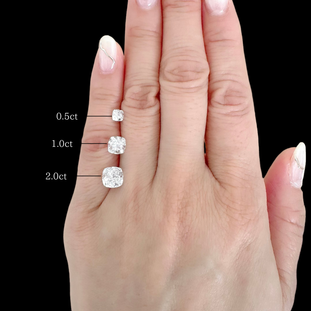 クッションカットダイヤモンド/ラボグロウンダイヤモンド 0.5ct/ 1.0ct/2.0ct大きさの比較