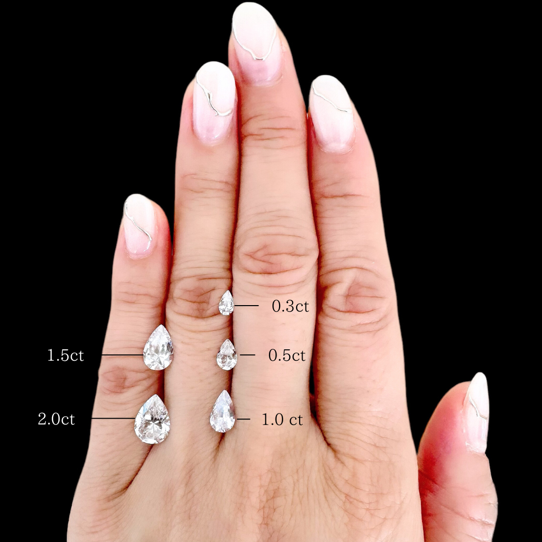 ペアシェイプダイヤモンド/ラボグロウンダイヤモンド 0.3/0.5ct/ 1.0ct/ 1.5ct/2.0ct大きさの比較