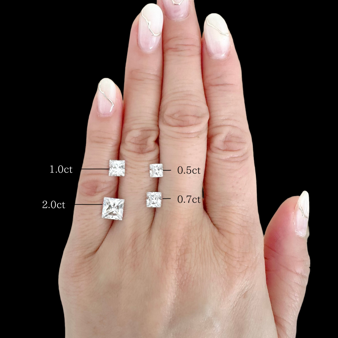 プリンセスカットダイヤモンド/ラボグロウンダイヤモンド 0.5ct/0.7ct/ 1.0ct/2.0ct大きさの比較